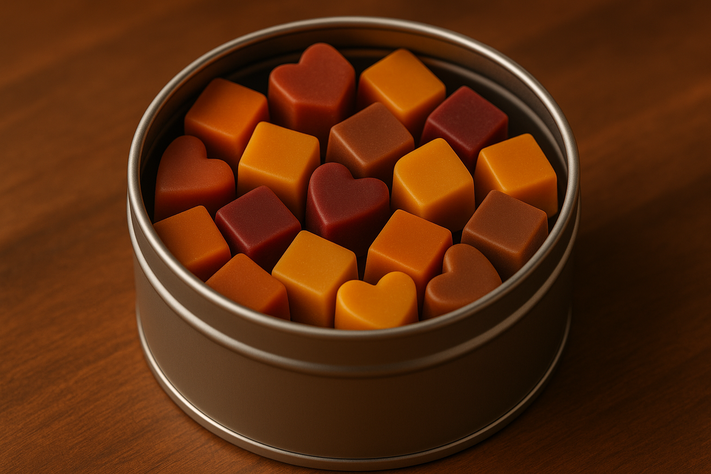 Small fall colored wax melts in a 8 oz candle tin